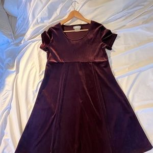 Short sleeve,wine coloured, velour dress with Empire waist.